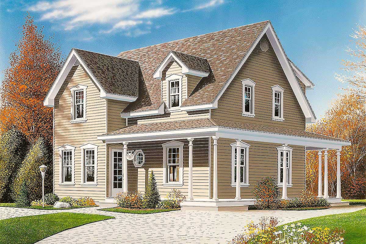 House plan exterior: two-story, tan siding, multiple gables, dormers, and a wraparound porch with white columns.
