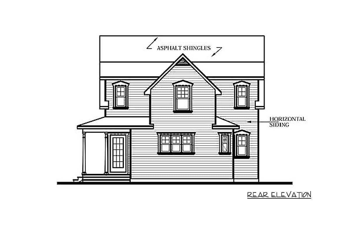 Rear elevation house plan with asphalt shingles, horizontal siding, covered porch, and multiple windows.