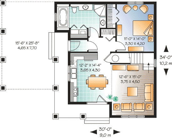 Plan 21992DR: 2-Bed House Plan with Graceful Porch and Carport - Floor Plan - Main Level - Cottage, Country, Craftsman, Vacation