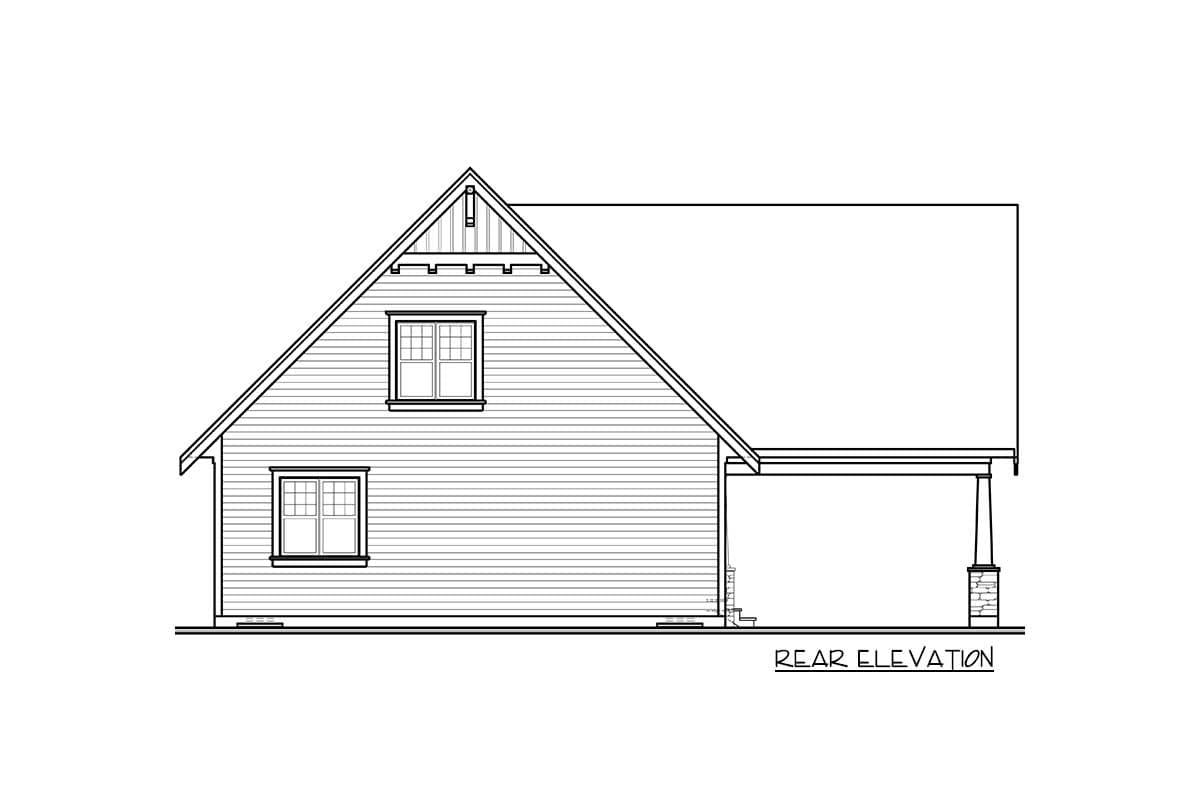 Rear elevation drawing of a two-story house plan featuring a steep gable roof, dormer windows, and a covered porch with stone pillars.
