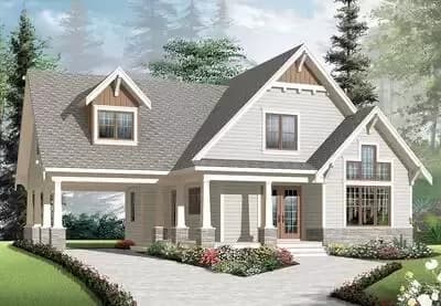 2-Bed House Plan with Graceful Porch and Carport