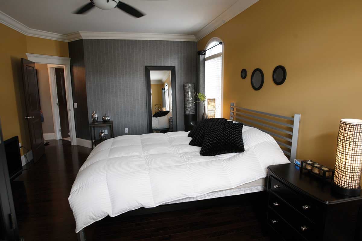Bedroom with king bed, contrasting accent wall, ceiling fan, and arched window.