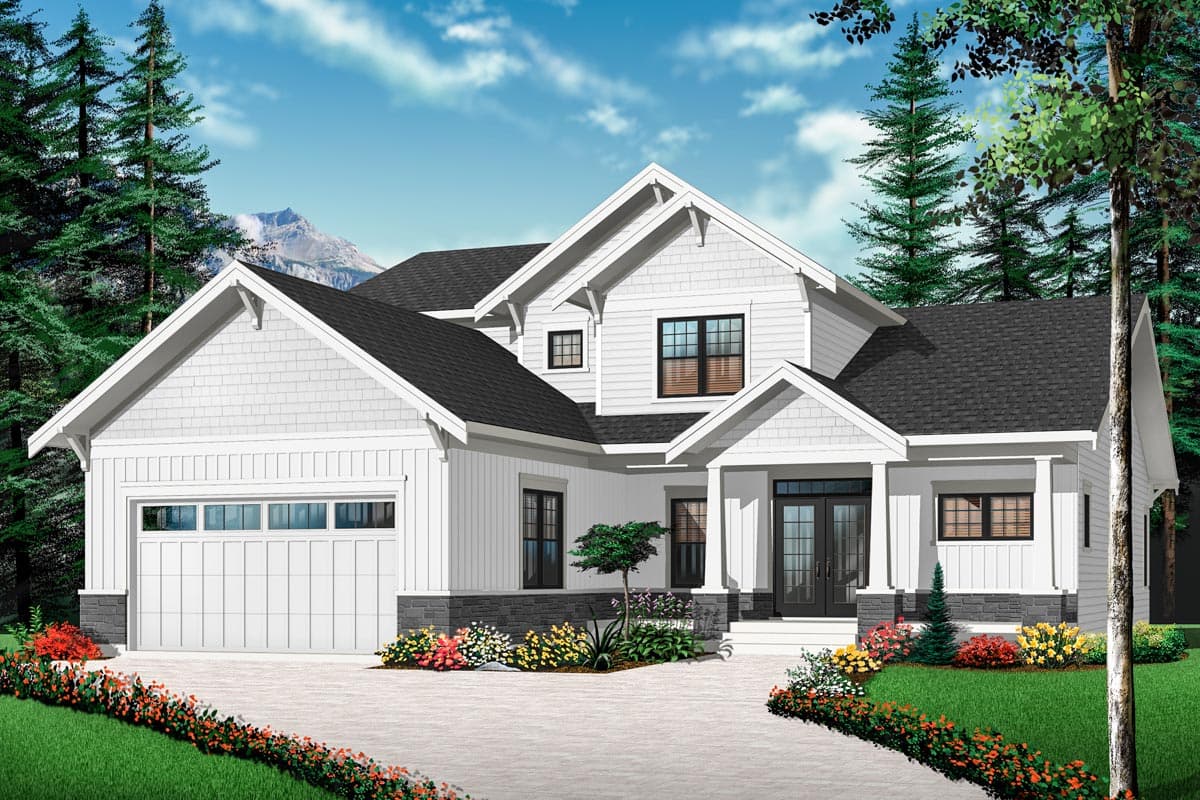House plan exterior of a two-story Modern Farmhouse with a covered entry, gable dormers, and an attached garage.