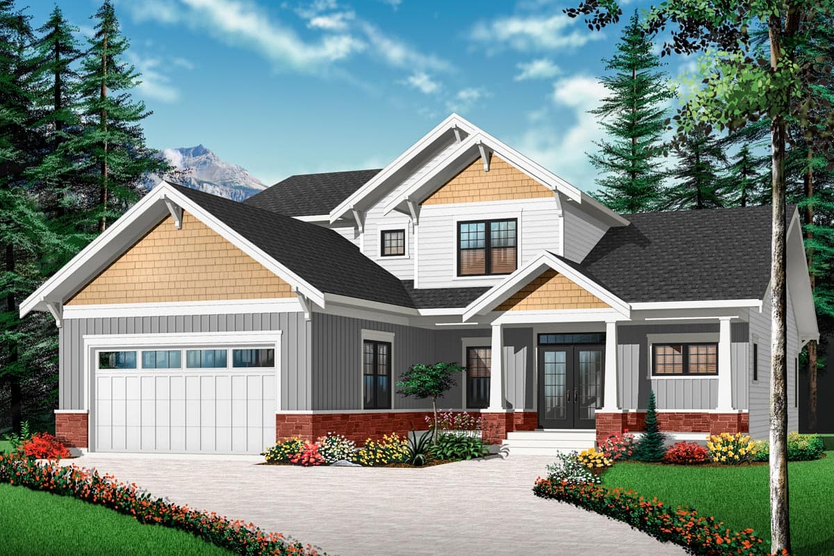 House plan exterior: Two-story Modern Farmhouse with gable rooflines, wood shingle accents, a covered front porch, and a side-entry garage.