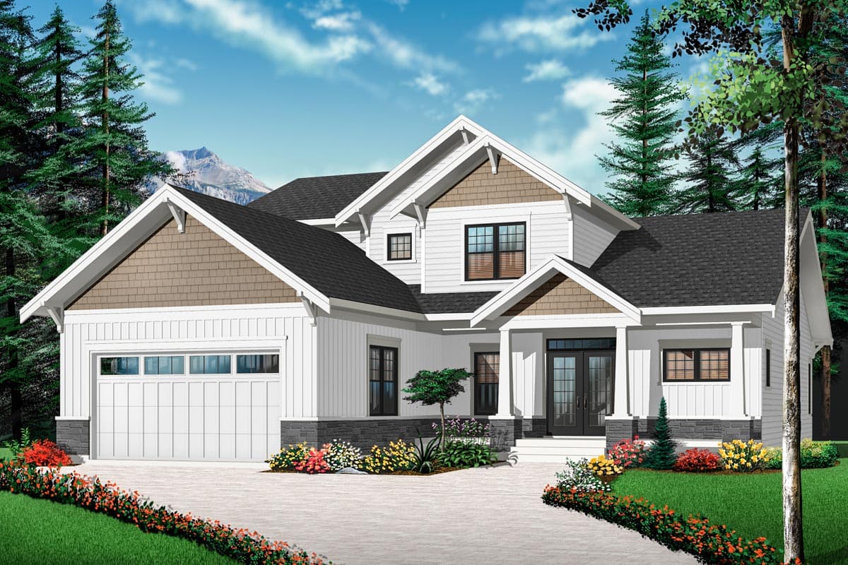 House plan exterior: Modern Farmhouse style, two stories, prominent gables with shake siding, covered entry porch, and side-facing garage.