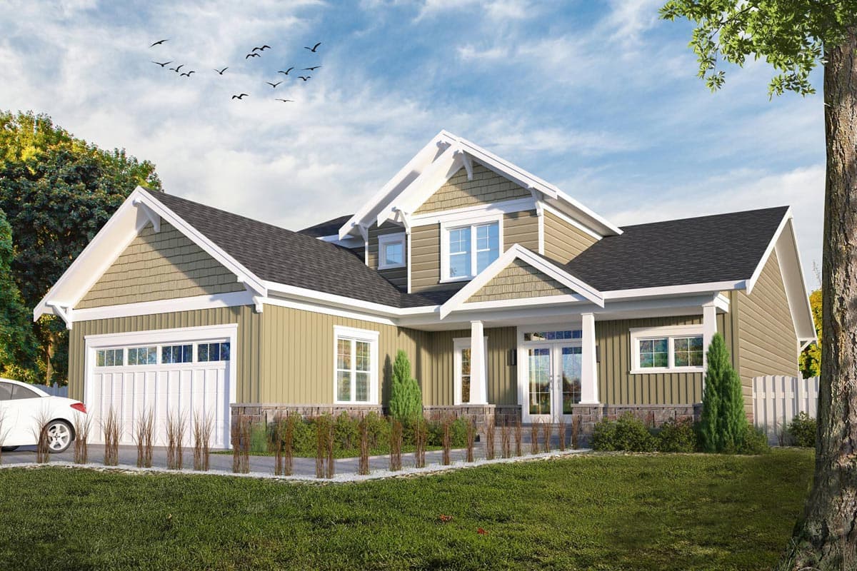 House plan exterior. Craftsman style, two-story house with gables, a porch, and attached garage. Includes dormers and a steeply pitched roof.