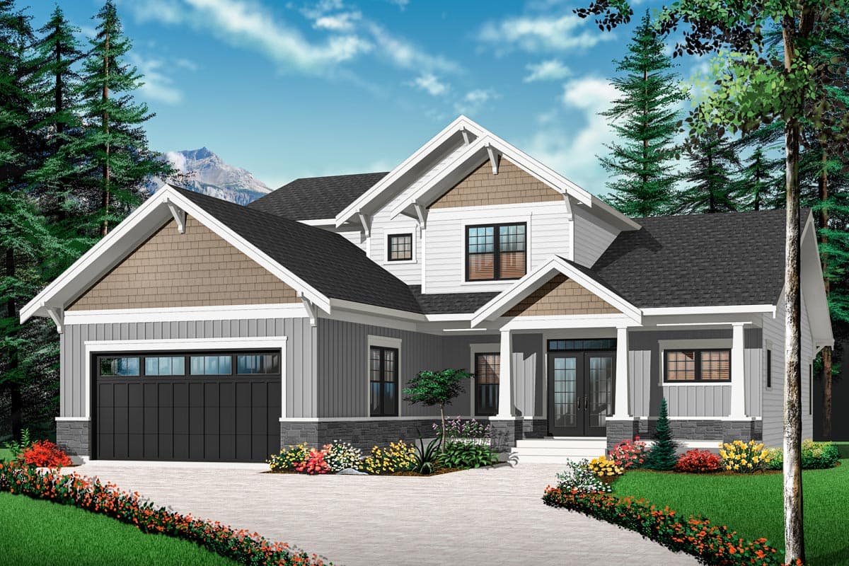 House plan exterior: Two-story Modern Farmhouse with gable roof, prominent dormer, covered front porch, and attached garage.