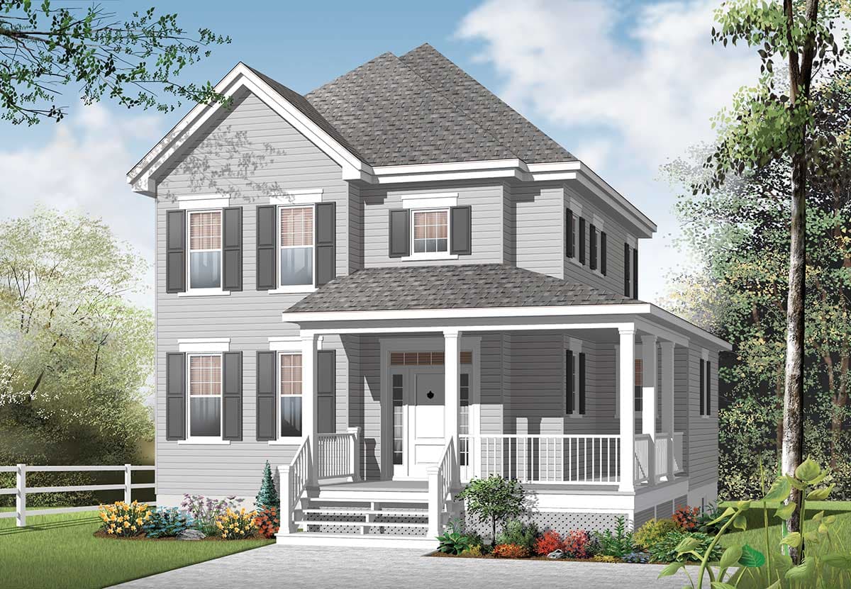 Two-story house plan exterior with a wrap-around porch, gabled rooflines, and multiple dormers.