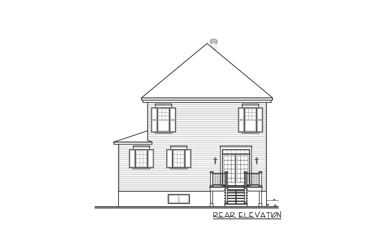 Rear elevation of a two-story house plan with double doors, deck, and shutters.