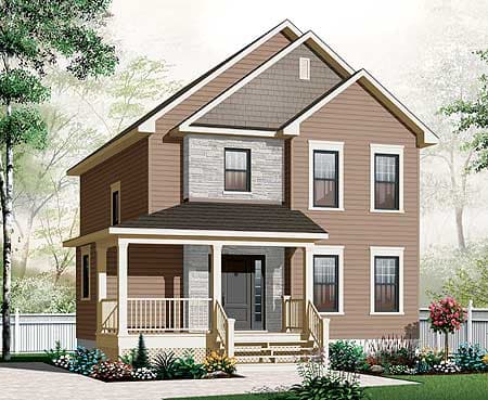 Two-story house plan exterior with covered porch, stone accents, and multiple gables.