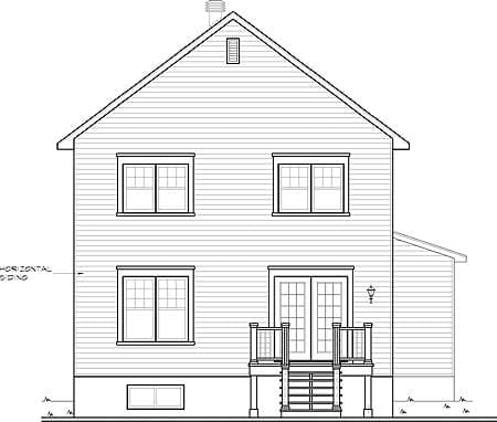 House plan exterior drawing: Two-story elevation with horizontal siding, double doors, and a gable roof.