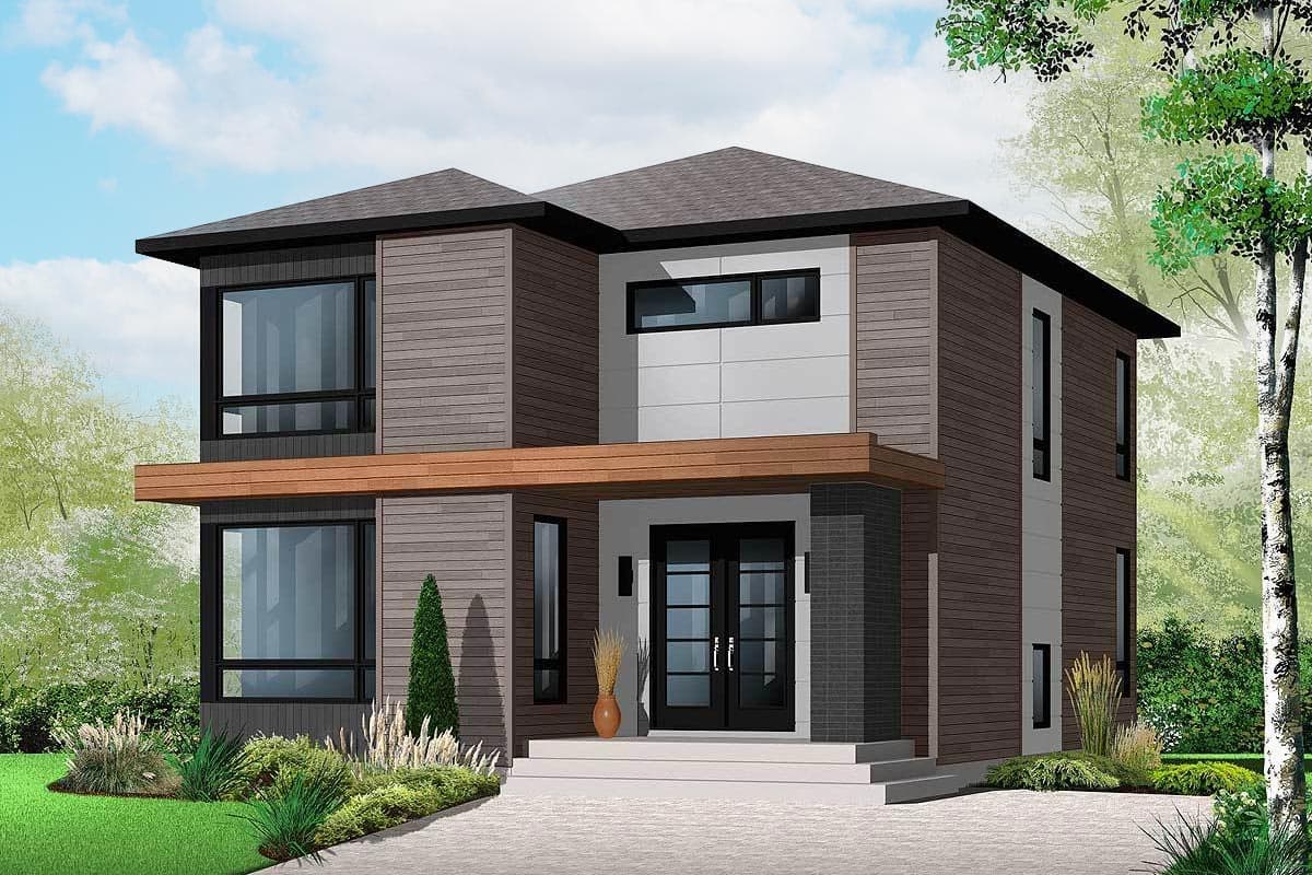 Modern house plan exterior: Two-story with horizontal siding, large windows, covered entry with double doors, and a prominent cantilevered overhang.