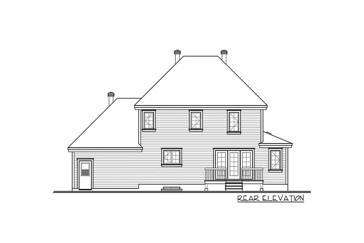 Rear elevation drawing of a two-story house plan with double doors, porch, two chimneys, and various window styles.
