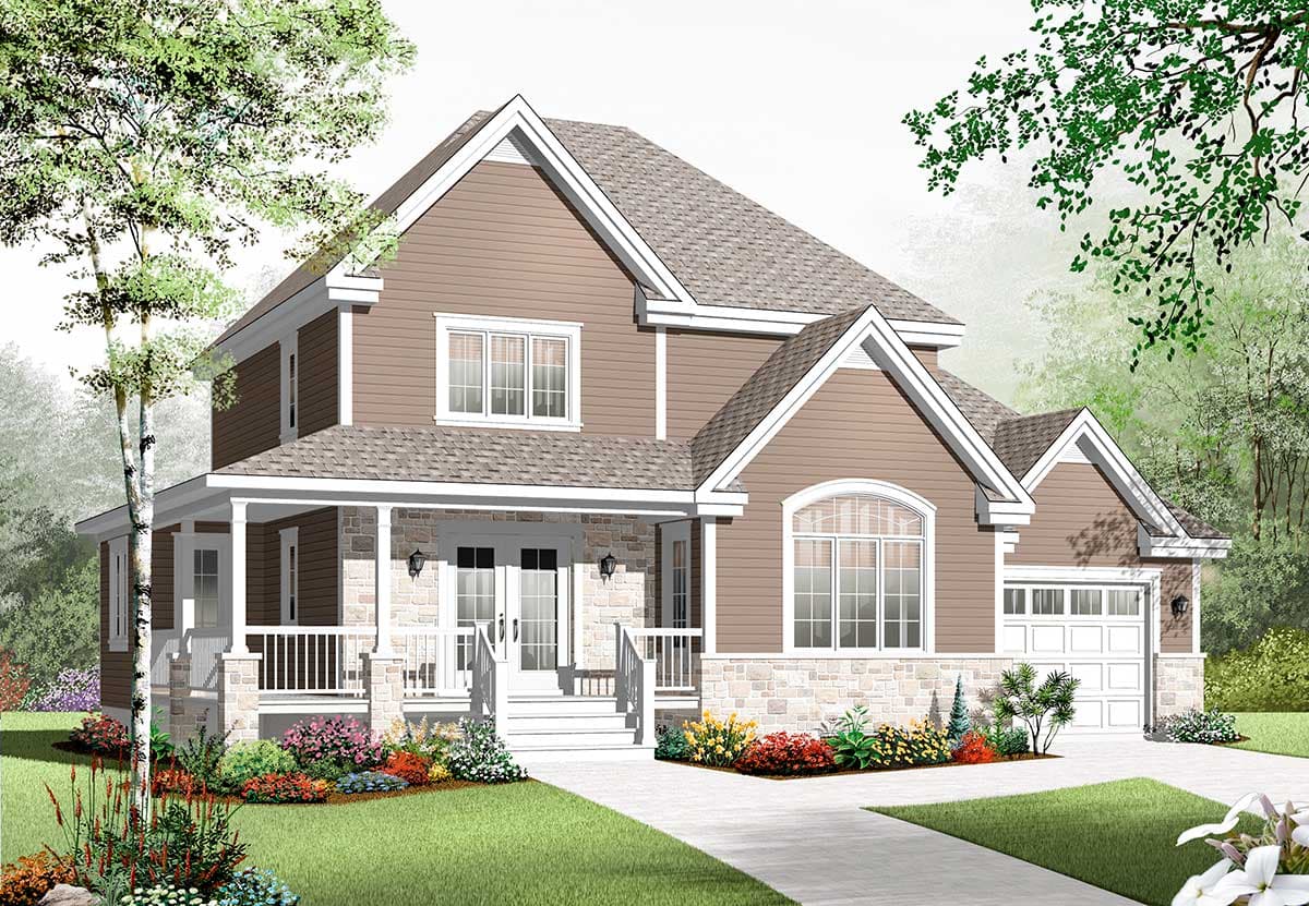 House plan exterior of a two-story home with a covered front porch, stone accents, gabled dormers, and a two-car garage.