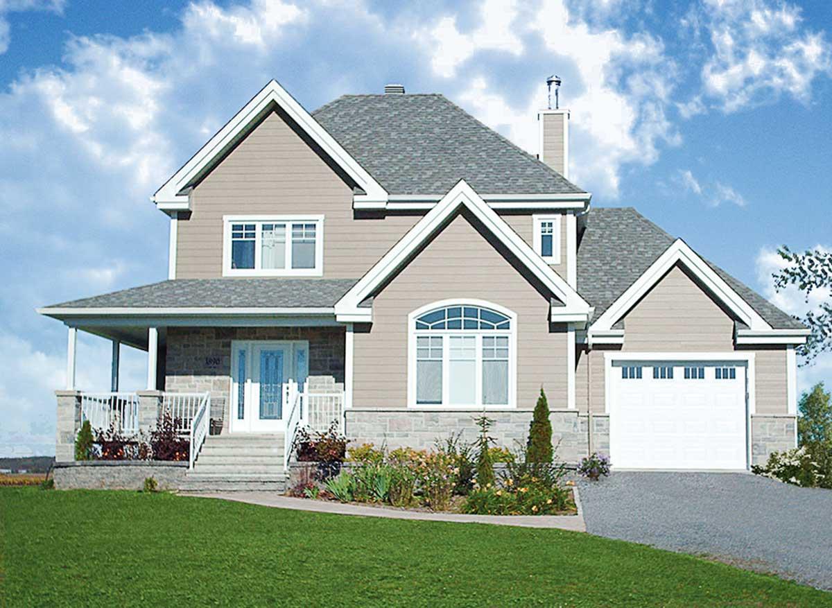 House plan exterior: Two-story home with covered front porch, stone accents, prominent gables, and attached two-car garage.
