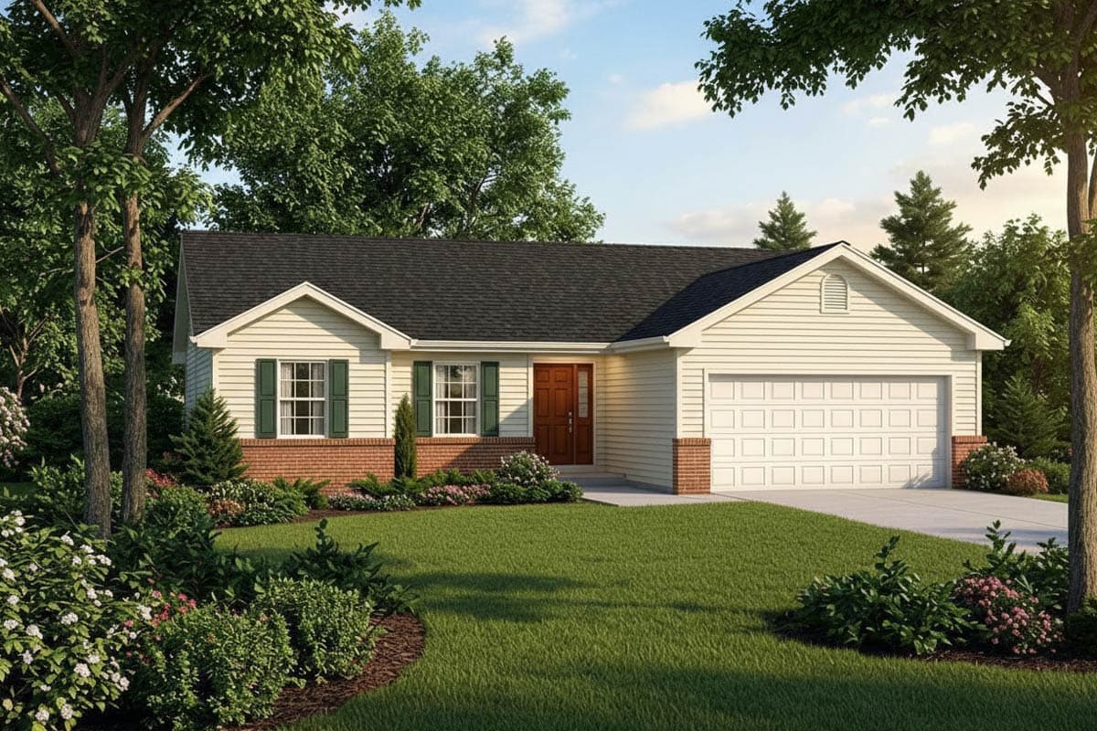 House plan exterior: Ranch style, one story, with white siding, brick base, front door, and attached two-car garage.