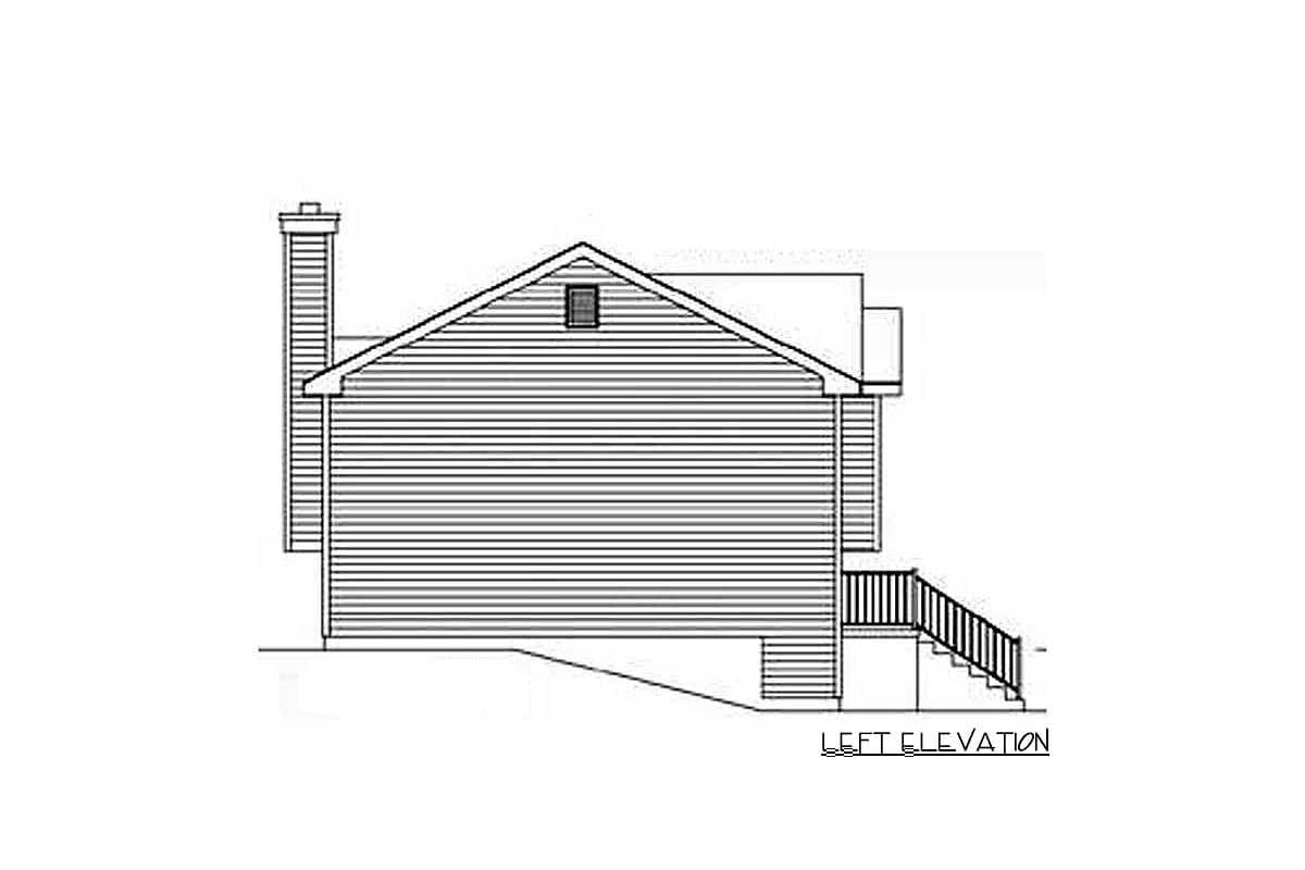 Left elevation drawing of a house plan with a chimney, gable dormer, and exterior stairs.