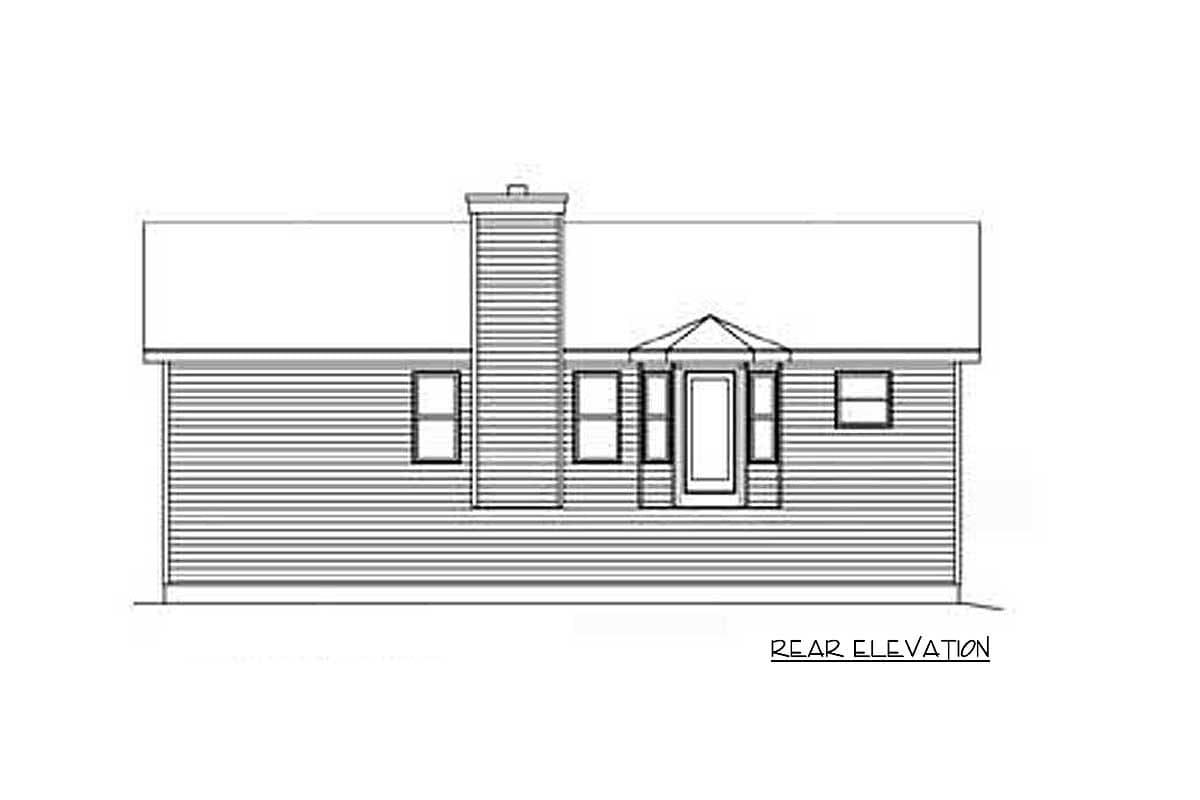 Rear elevation drawing of a one-story house plan with a central door, prominent chimney, and horizontal siding.