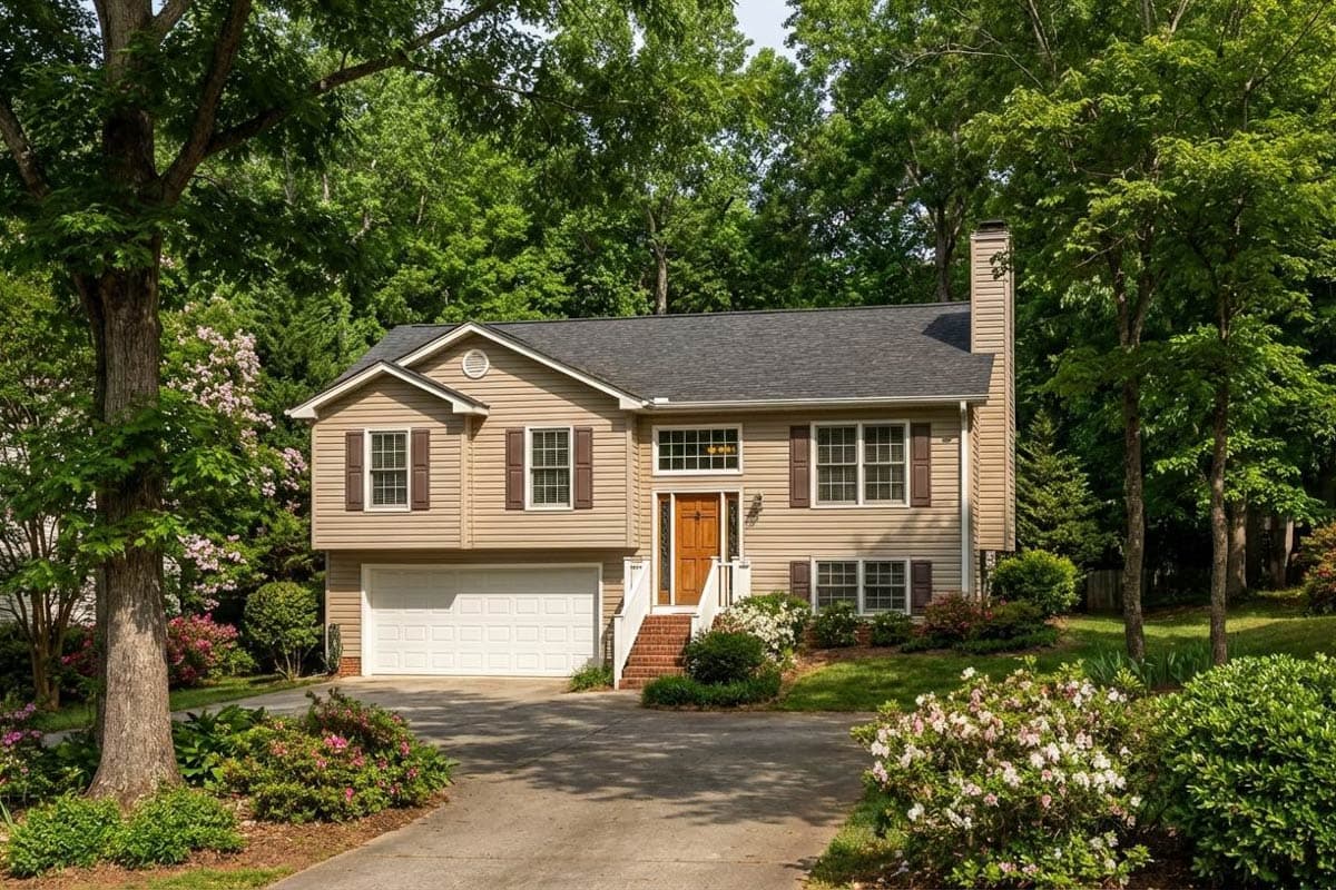 House plan exterior of a two-story tan home with a side-entry garage, central front door, and brick chimney.