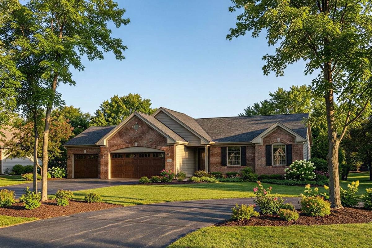 House plan exterior: Ranch style, brick facade, three-car garage, gabled dormers, and hip roof.