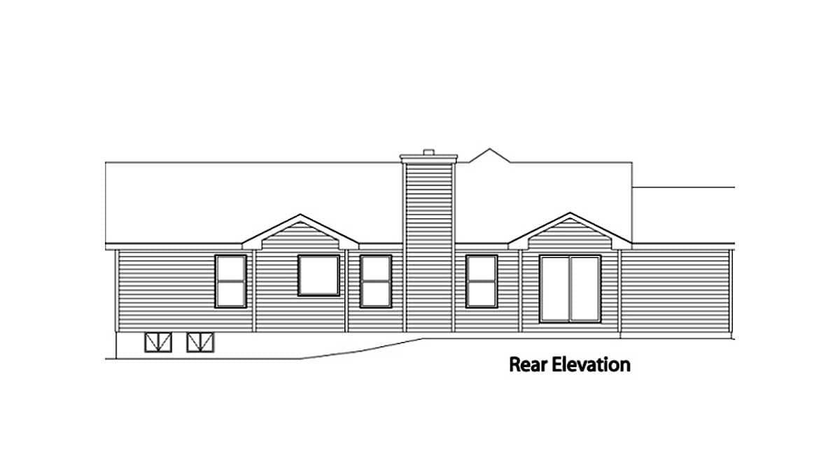Rear elevation drawing of a single-story house plan with a prominent central chimney and gabled dormers.