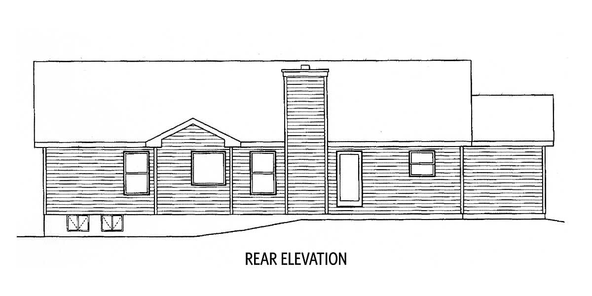 Rear elevation drawing of a one-story house with horizontal siding, a gabled section, a central chimney, and several windows.