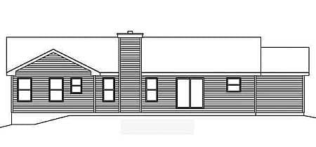 House plan elevation drawing of a single-story ranch home with a gable end, central chimney, and sliding glass doors.