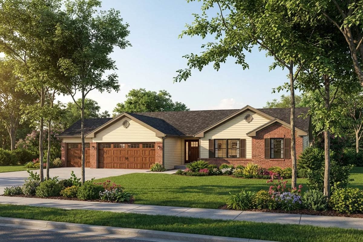 Ranch style house plan exterior with a three-car garage, brick and siding facade, and front porch.