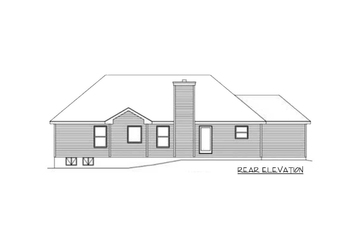 Rear elevation drawing of a house plan featuring a pitched roof, gables, chimney, and vinyl siding.