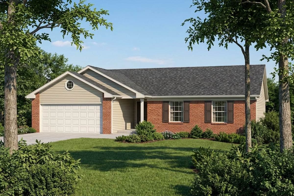 House plan exterior: Single-story ranch with attached two-car garage, brick facade, gable, and front entry porch.