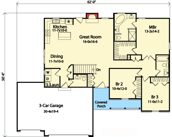 Plan 22010SL: Ranch Living with Twin Dormers - Floor Plan - Main Level - Ranch, Southern