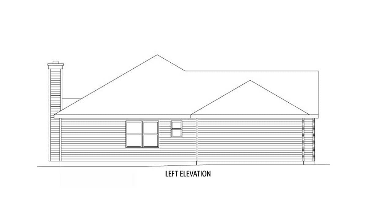 Left elevation drawing of a house plan showing a chimney, multiple gables, and a two-window unit.