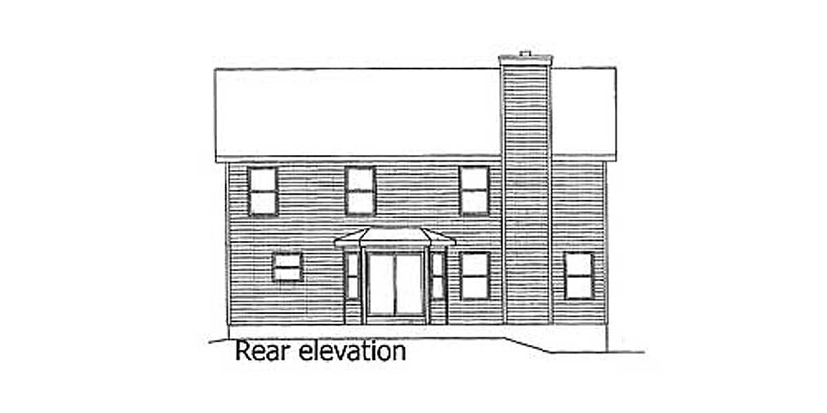 Rear elevation drawing of a two-story house with a prominent chimney, multiple windows, and a central entrance with a roof overhang.