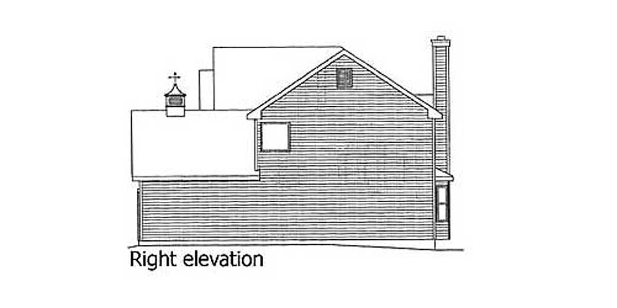 Right elevation drawing of a house plan with a dormer, shed roof, and brick chimney.