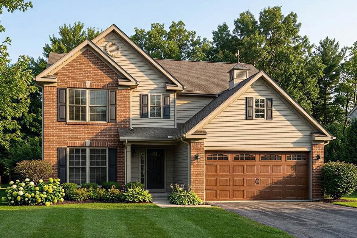 House plan exterior: Two-story home with brick and siding, front-facing garage, gable dormer, and covered entry.