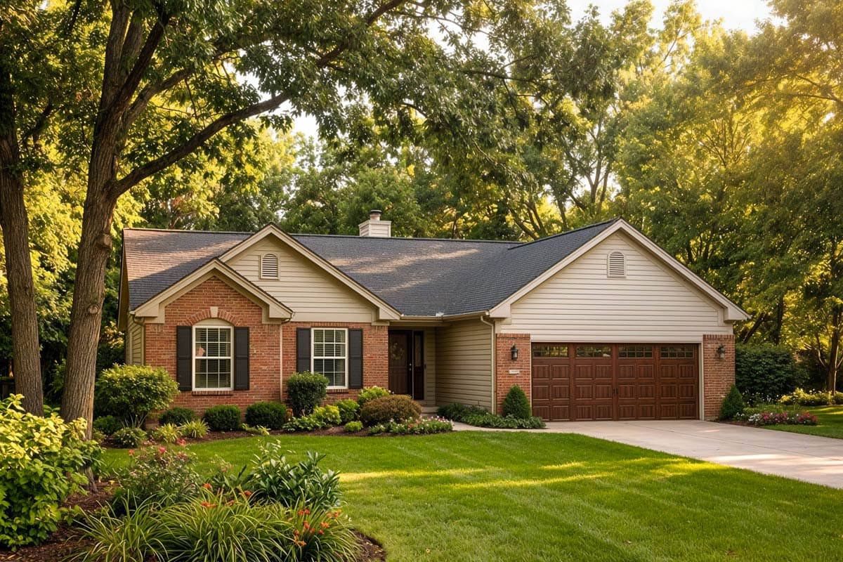 House plan exterior of a one-story home with brick facade, gable roof, front-entry garage, and central chimney.