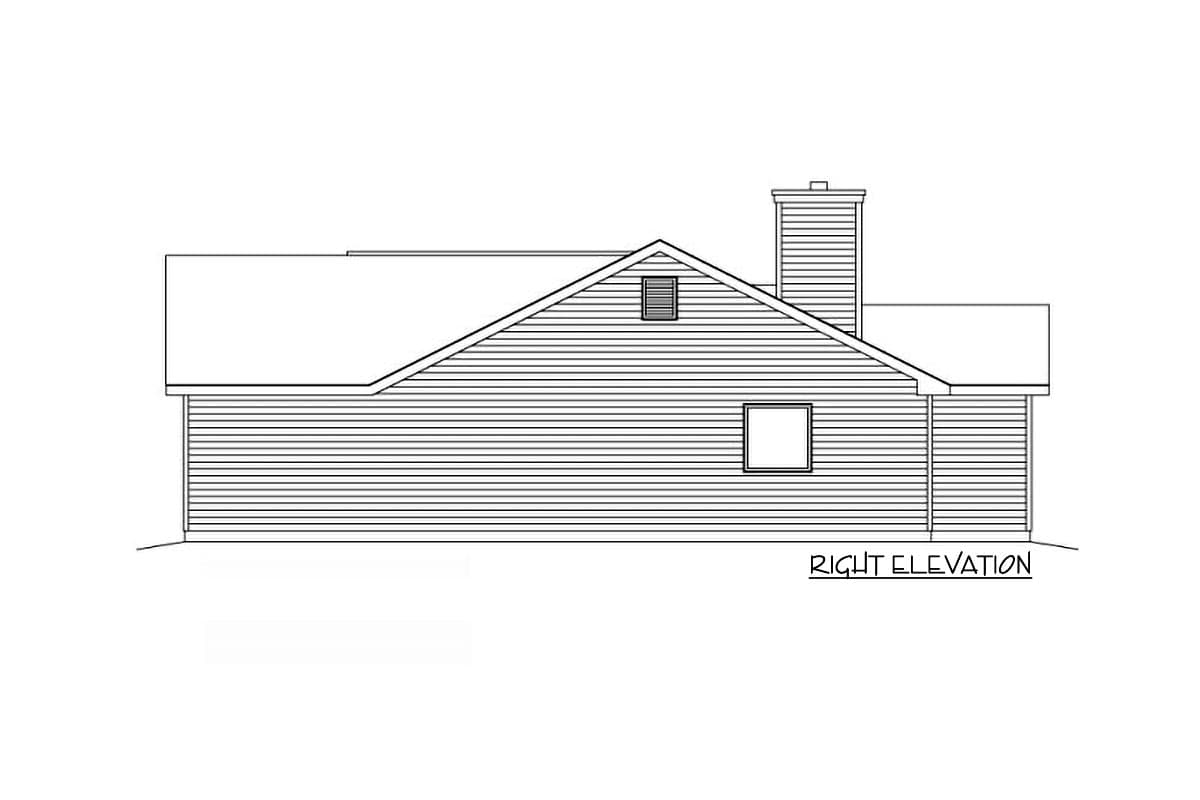 Right elevation drawing of a house plan, showing siding, a pitched roofline, a chimney, and two windows.