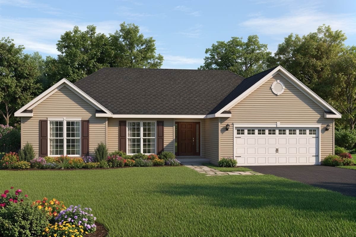 Ranch house plan exterior with single-car garage, gable dormer, and symmetrical window arrangement.