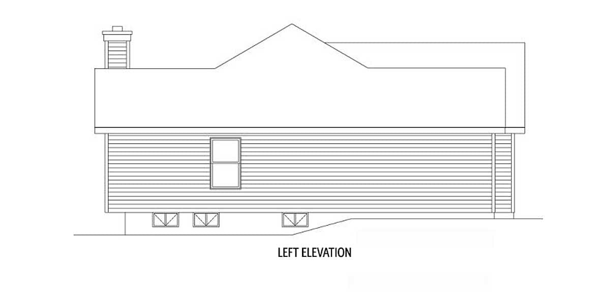 Left elevation house plan drawing with siding, one window, a chimney, and foundation vents.