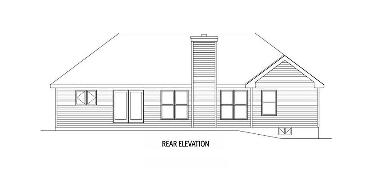 Rear elevation drawing of a house plan with a gable roof, central chimney, and multiple windows.