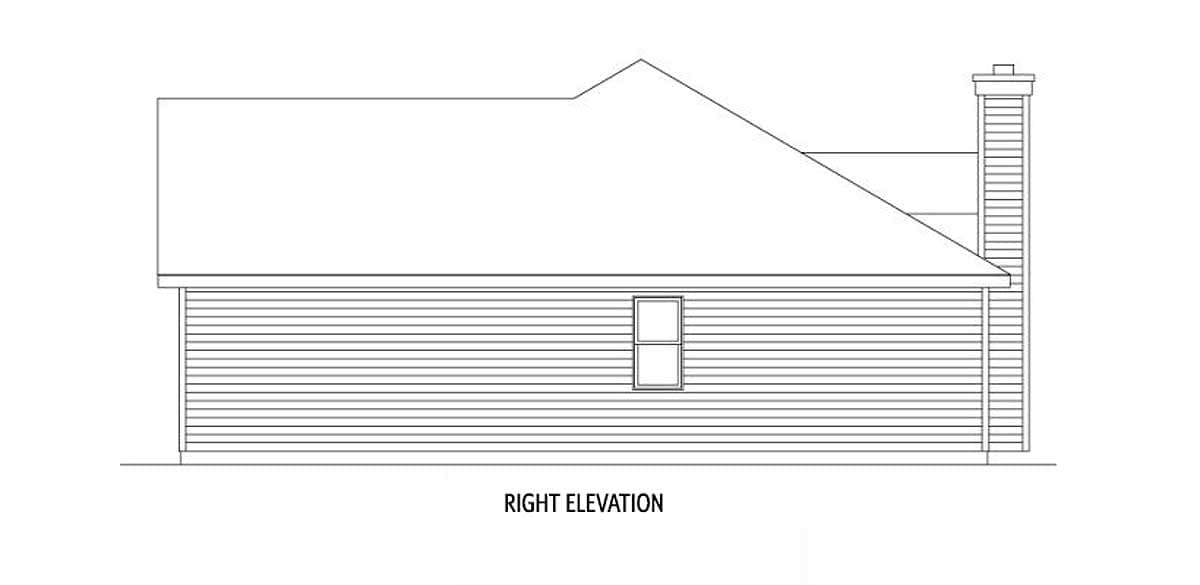 Right elevation drawing of a house plan with clapboard siding, a single window, and a prominent brick chimney.