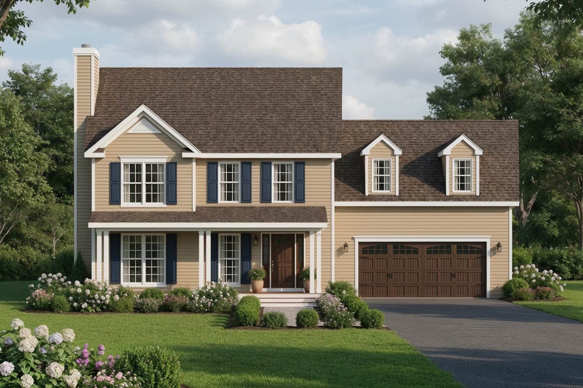 Two-story house plan exterior with a covered porch, gables, dormers, and a side-entry garage.
