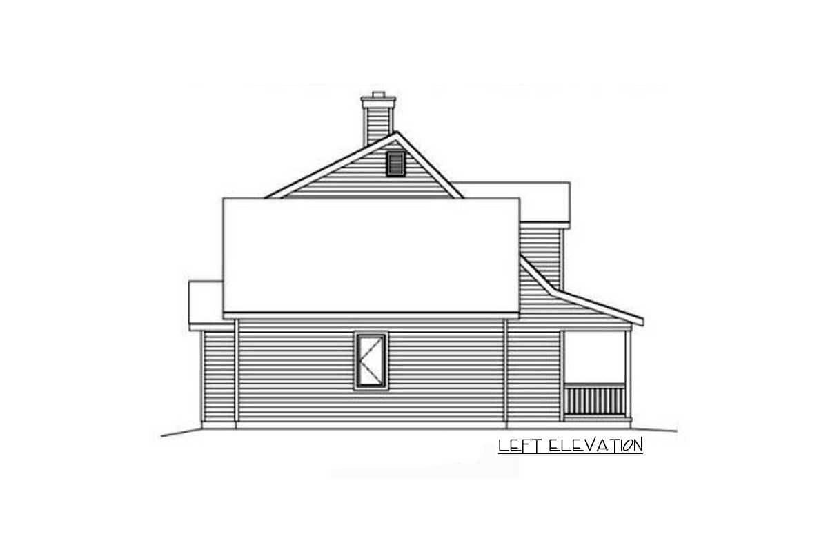 Left elevation drawing of a house plan with a gable roof, dormer, chimney, and covered porch.