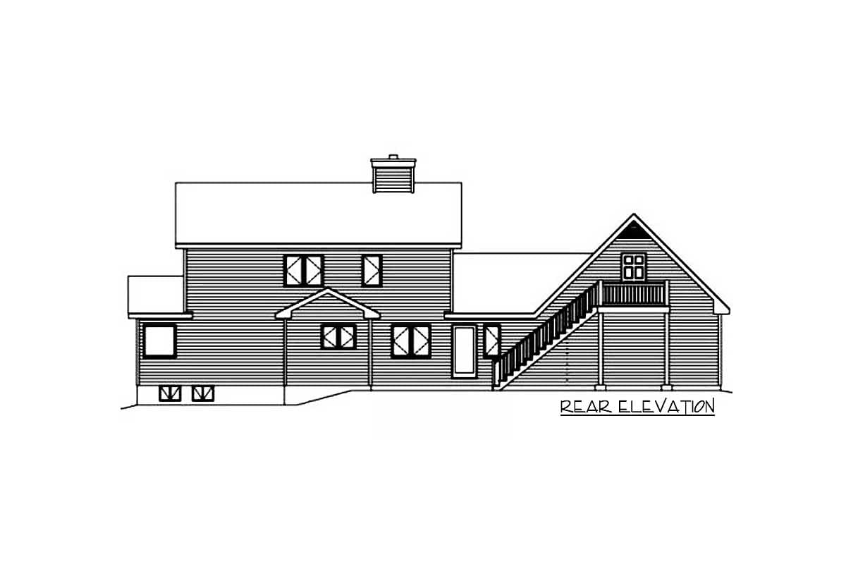 Rear elevation house plan. Two stories with gabled roof, dormer windows, and external staircase to second-level deck.