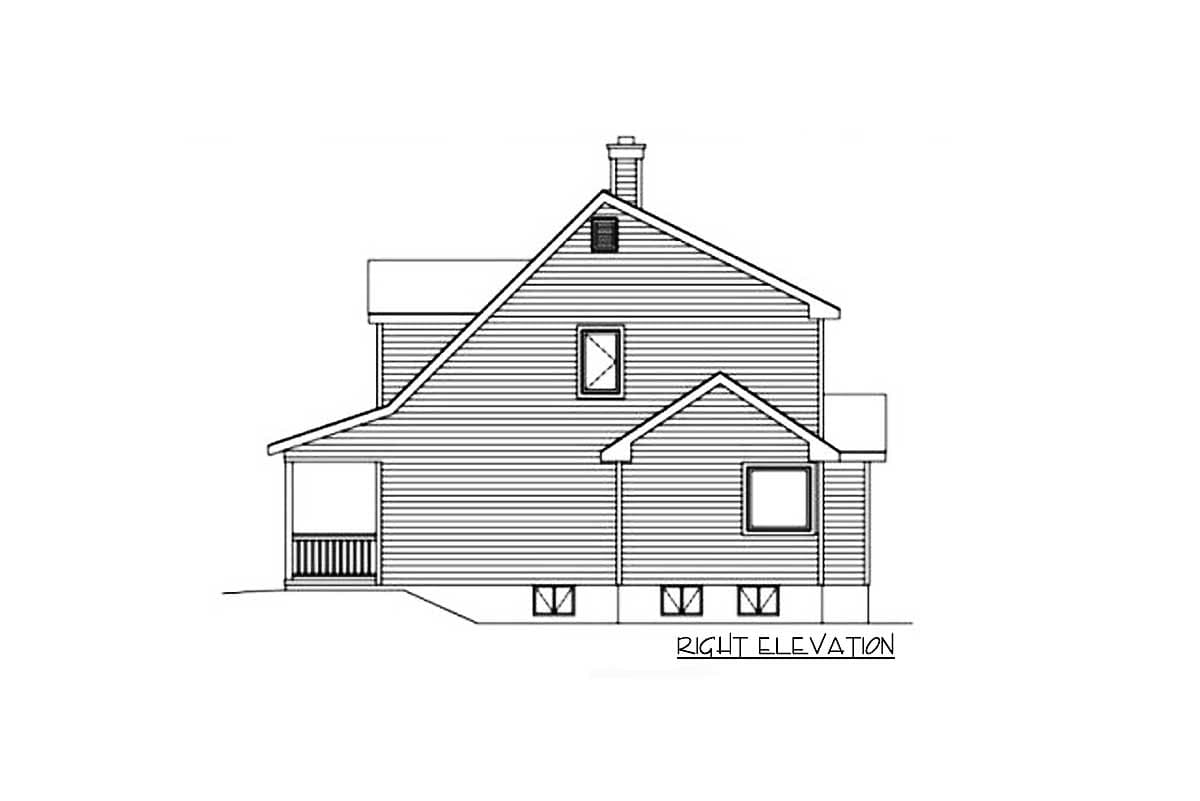 Right elevation house plan drawing showing a two-story structure with a covered porch, gabled roof, and chimney.