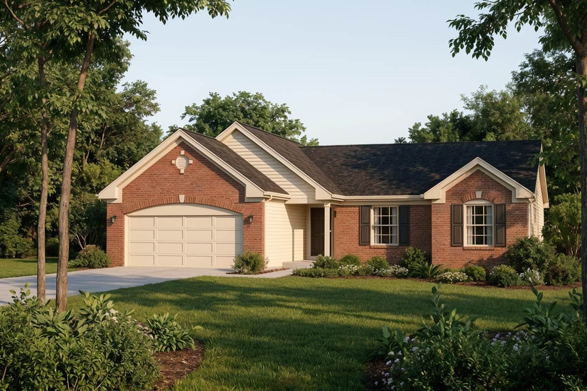 House plan exterior. Ranch style with brick accents, two gables, and an attached two-car garage. Features include arched window and front door.