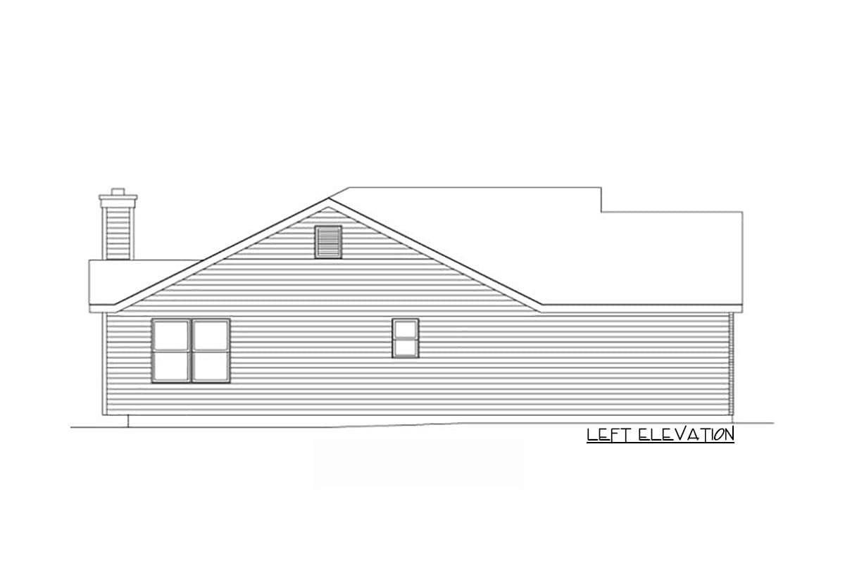 Left elevation drawing of house plan featuring a gable roof, dormer, chimney, and horizontal siding.