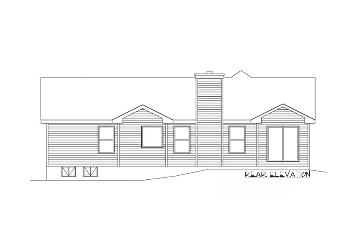 Rear elevation drawing of a one-story house with horizontal siding, gabled dormers, and a prominent chimney.