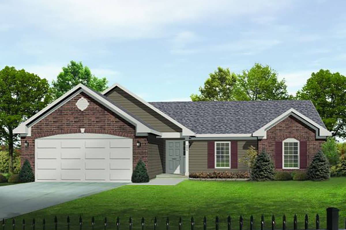 House plan exterior. Ranch style with brick accents, two gables, and an attached two-car garage. Features include arched window and front door.