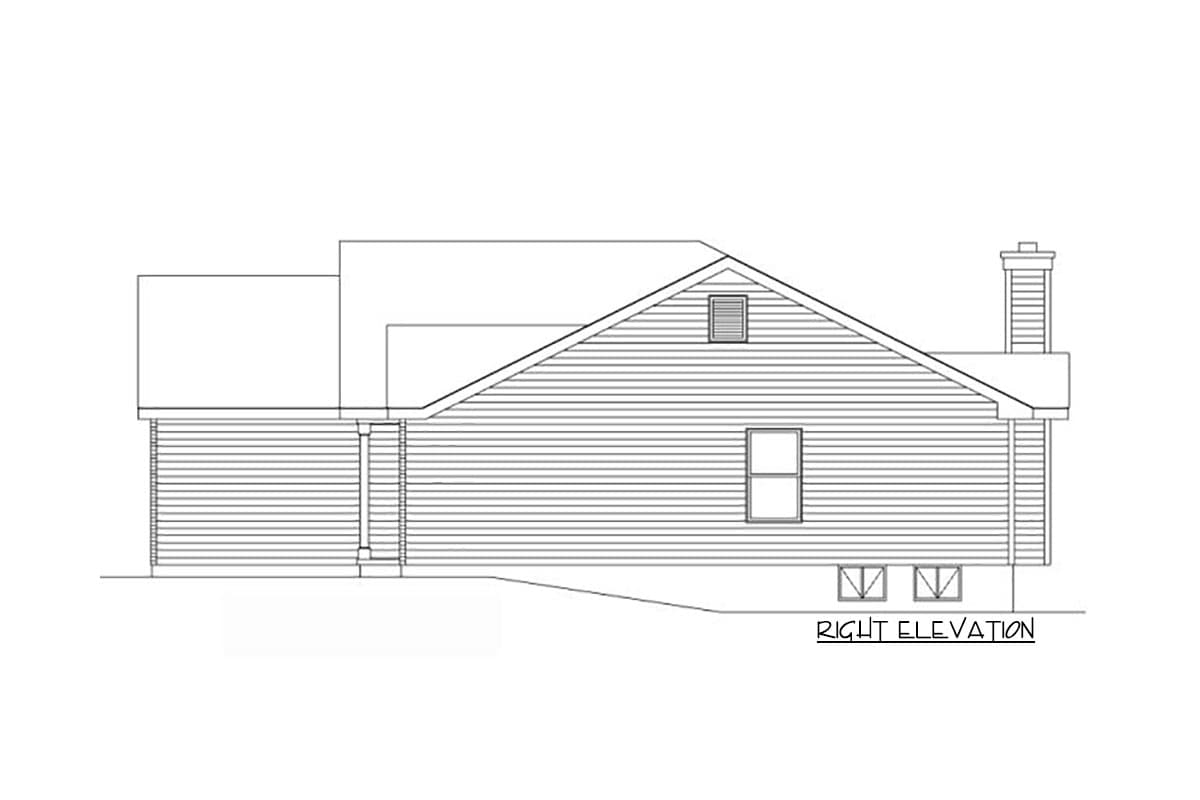 Right elevation drawing of house plan with pitched roof, dormer window, one standard window, and chimney.